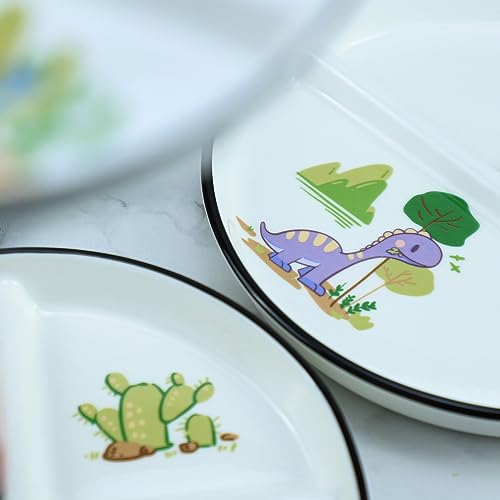 SOCOSY Dinosaur Ceramic 3-Compartment Portion Control Plate Divided Dish Platters, Divided Dessert & Salad Dinner Snack Dishes, Appetizer Serving Trays, 1 PCS-Dinosaur-Purple-8 Inch - color: Purple Dinosaur