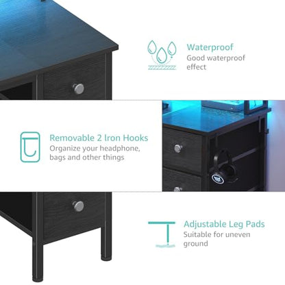 Lufeiya Gaming Desk with LED Lights and Power Outlets, 47 inch Computer Desk with Fabric Drawers & Storage Shelves, Home Office Desk with Monitor Stand, Black - color: Black
