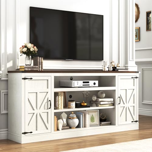 Hlivelood 75" Farmhouse TV Stand with Power Outlets for 85 Inch TVs, 33" Tall Entertainment Center with Storage Cabinets w/Adjustable Shelves, Rustic Large TV Media Console, Rustic White - color: Rustic White, size: 75in