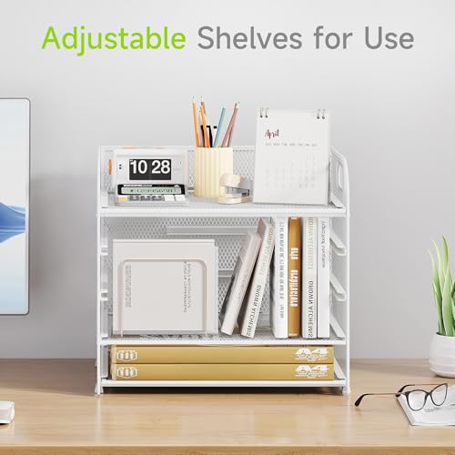 Cawukege 5 Tier Paper Organizer with Handle, White Metal Mesh Desk Organizer File Folder Paper Letter Tray Desktop Document Sorter for Classroom, School, Office Accessories Organization and Storage - color: White