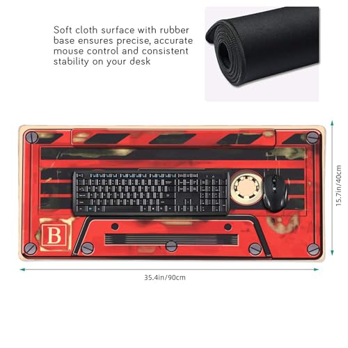 Retro Cassette Tape Desk Mat, Red and Black, 35.4 x 15.7 Inches, Anti-Slip Base, Gaming Mouse Pad - color: Red tape
