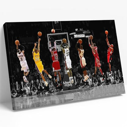 Basketball Legends Canvas Wall Art Iconic Basketball Superstar Shooting Artwork Poster Print Inspirational Sports Wall Art for Basketball Fans Boys Bedroom Gaming Room Home Office Framed 12"x16"
