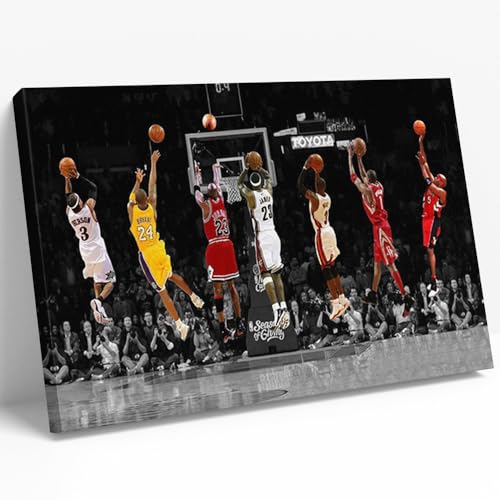 Basketball Legends Canvas Wall Art Iconic Basketball Superstar Shooting Artwork Poster Print Inspirational Sports Wall Art for Basketball Fans Boys Bedroom Gaming Room Home Office Framed 12"x16"