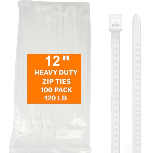 Cable Zip Ties, Heavy Duty Self Locking Zipties, 100 Pack White 12 Inch 120LB, Nylon Cord Management,Plastic Wire Ties for Office,Home,Garden,Workshop (12"-120LB) - size: 12"White-100PK120LB