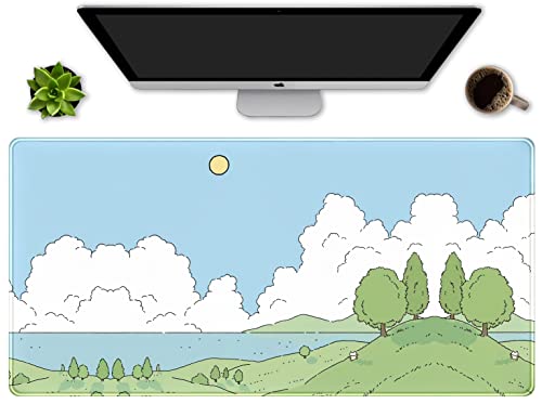 Cute Anime Desk Mat Kawaii Mousepad, Anime Street Aesthetics Desk Pad XXL, Japanese/Korean Lo-fi Drawing, Cute Green Blue Nature Mouse Pad Computer Keyboard Mat, Office Desk Pad Protector - color: A-cyan Cute Anime