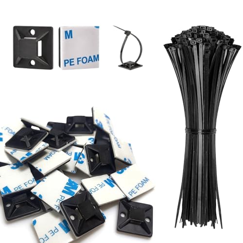 Strong Back-Glue Self Adhesive Cable Zip Tie Mounts Kit - 100 Set Cable Management Clips with 6" Zip Ties, Wire Holders - Outdoor Sticky Wire Organizer Clips-Black - color: Black, size: 100 Set