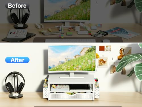 Spacrea Desk Organizer and Accessories, Computer Monitor Stand Riser with Drawer and 2 Pen Holders, Office Desk Accessories & Workspace Organizers for Office Supplies (White) - color: White