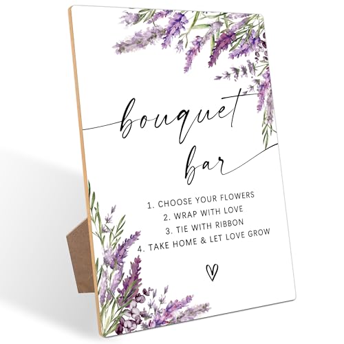 Bouquet Bar Sign, Lavender Dessert Table Decor, Bridal Shower Decorations, Wedding Reception Table Decorations, Purple Floral Wooden Sign with Stand for Wedding Reception And Bridal Party Decor, 22 - color: Bouquet Bar22