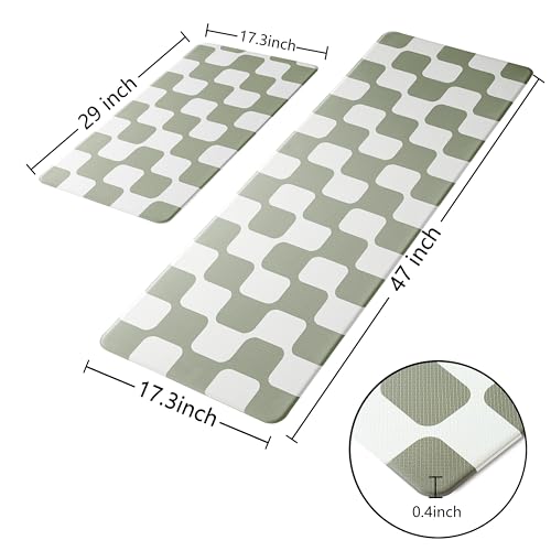 Sage Green Retro Curvy Checkered Grid Checkerboard Kitchen Rug Sets [2 PCs], Anti-Fatigue, Waterproof Non-Slip Kitchen Mats Heavy Duty Comfort Foam Rug for Floor, Home, Laundry,17"x29"+17"x47" - color: Milkgrid-sage, size: 17.3"x29"+17.3"x47"-0.4"H