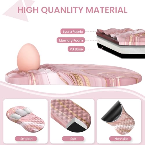Light Pink Desk Mat Set with Mouse Pad and Memory Foam Wrist Rest, Soft Mat for Mouse and Keyboard, Large Office Desk Mat with Wrist Support, Smooth Surface, Non-Slip Base, 35.4 x 15.7 in - color: Marble Rose Gold Pink Fluid