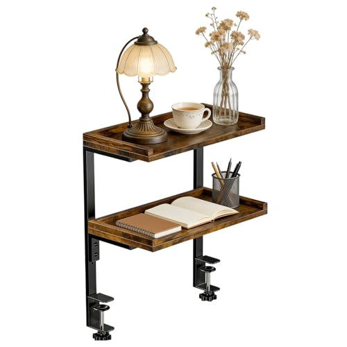 Clamp on Desk Shelf,2-Tier Office Desk Shelves Organizer, Expandable Under Desktop Storage,Wood Desktop Storage Rack for Home Workspace, Study Rooms,Gaming Devices (Brown) - color: Brown