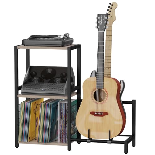YAKANJ End Table with Guitar Stand,Record Player Stand,Vinyl Records Storage,2-Tier Guitar Stand for Acoustic,Turntable Stand for Music Studio,Grey - color: Grey
