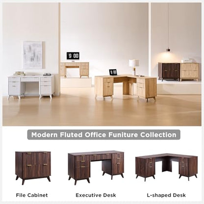 T4TREAM 60'' Fluted Executive Desk with Drawers, Modern Home Office Computer Desk with Charging Station, Keyboard Tray, File Drawer and Storage Cabinet for Study, Living Room, Bedroom, Dark Walnut - color: Dark Walnut