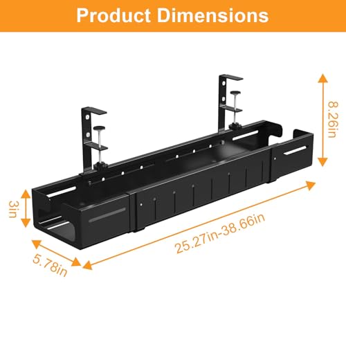 REALINN Under Desk Cable Management Tray Black, Expandable 25.27"-38.66" Sturdy Steel Desk Cord Hider Raceway for Office/Home