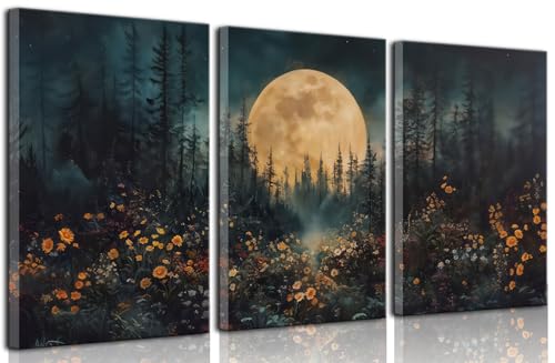 3Pcs Full Moon Forest Canvas Wall Art Nature Landscape Wildflower Wall Decor Pictures Moody Dark Academia Forest Posters Prints for Gallery Bedroom Living Room Home Decoration 16x24in - size: 24"L x 16"W