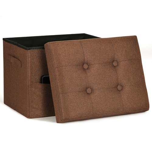 Storage Ottoman Cube, Folding Foot Rest with Thicker Foam Padded Seat. 350 lbs Small Linen Ottoman with Storage Bench Footstool for Living Room, Bedroom, Coffee Table. 17x13x13in, Brown - color: Brown, size: 17"D x 13"W x 13"H