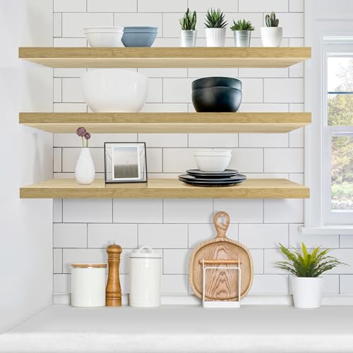 Sorbus Floating Shelves for Wall - 48 Inch Long Bathroom Shelves, Wall Decor for Bedroom, Kitchen, Living Room & Book Storage - Mounted Floating Shelf with Invisible Brackets (Maple Wood, 3 Pack) - color: Maple Wood, size: 48 Inch, style: 3 Pack