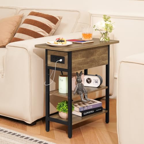 Yoobure End Table with Charging Station, Flip Top Side Table with USB Ports and Outlets, Sofa Couch Table Bedside Table for Living Room Bedroom, Narrow Nightstand with Storage Shelves for Small Space - color: Oak