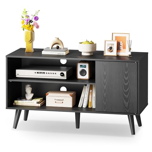 WLIVE TV Stand for 43 Inch TV, Small Entertainment Center with Storage Cabinet & Adjustable Shelves, Mid-Century Modern TV Stands for Living Room and Bedroom, 32" TV Console, Black - color: Relief Black, size: 39 Inch
