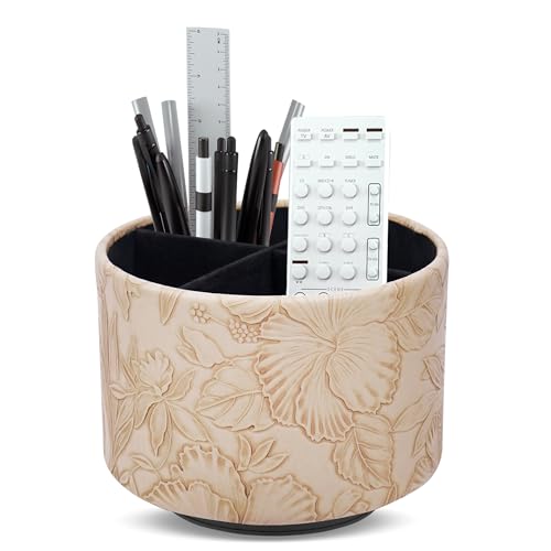 Round Leather Art Supply Organizer,Remote Control Holder,360 Degree Spinning,Multi-Functional Pencil Holder,4 Compartments Desktop Stationary Organizer(1-Carved Light Brown) - color: 1-Carved Light Brown