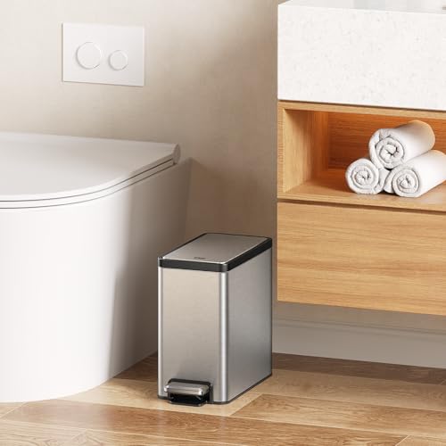 EKO Slim Small Bathroom Trash Can with Lid, Stainless Steel Small Garbage Can with Removable Inner Bucket, 6L / 1.6 Gal, Step On Trash Bin - color: Matte Stainless Steel, size: 6L