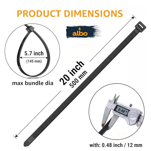 ALBO Black Zip Ties 20 Inch Plastic Cable Ties 100 Pack Tie Wraps Heavy Duty 200lb UV Resistant Nylon Wire Ties - size: 20" Black 100 Pack 200lb