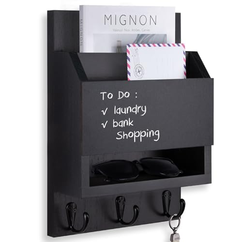 Key and Mail Holder for Wall, Key Holder with Chalkboard and Long Storage Box, Key Hanger with 3 Sturdy Hooks for Coat, Dog Leash, Entryway Mail Organizer (Black) - color: Black