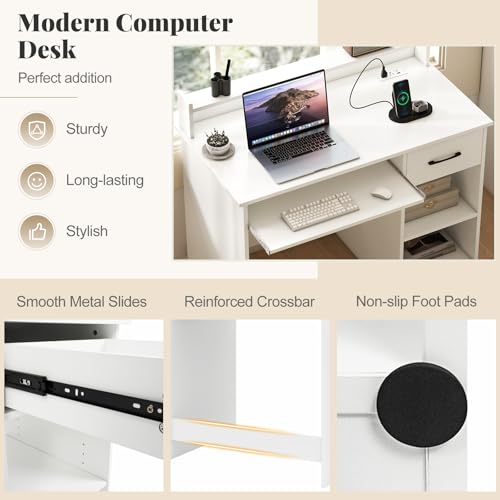 Giantex White Desk with Drawers, Modern Home Office Desk with Keyboard Tray, Monitor Stand & Adjustable Shelf, PC Laptop Table Computer Workstation, Study Writing Desk for Small Spaces, Bedroom