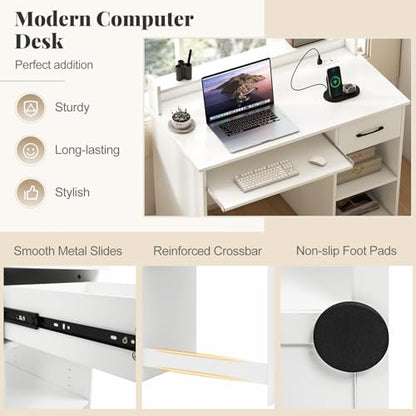 Giantex White Desk with Drawers, Modern Home Office Desk with Keyboard Tray, Monitor Stand & Adjustable Shelf, PC Laptop Table Computer Workstation, Study Writing Desk for Small Spaces, Bedroom