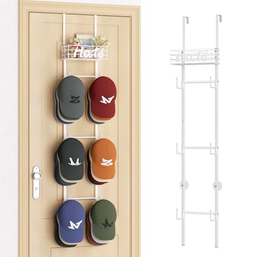SWTYMIKI Over Door Hat Organizer - Wall Mounted Hat Rack with 6 Hooks and Metal Basket Design, Hanging Baseball Cap Organizer Storage Holds Up to 32 Caps for Door, Bedroom, Closet(White) - color: White, style: 4 Tiers