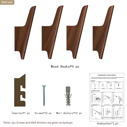 Wood Wall Hooks 4 Pack Coat Hooks Wall Mount Walnut Wooden Hooks for Hanging Hat, Bag, Backpack, Rustic Coat Hooks for Wall, Wood Towel Hooks for Bathrooms and Entryway Hooks (Walnut, Dark) - color: Walnut, Dark