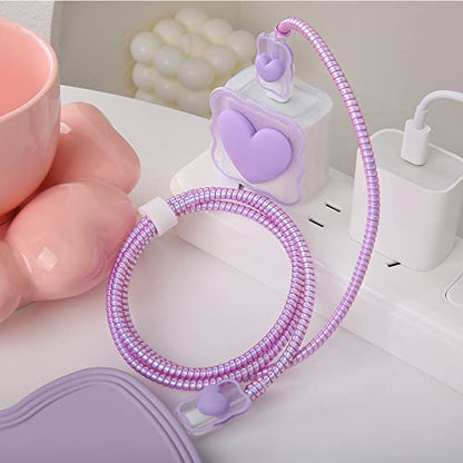 Compatible with iPhone 18W/20W USB-C Charger Cover Lovely 3D Love Heart Waves Clear Soft Charger Protector Cute Cable Saver for iPhone 11 12 13 14 Pro Max Fast Power Adapter, Purple 1 (5in1) - color: Purple 1 (5 in 1)