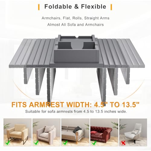 Bestjing Bamboo Couch Armrest Table, Sofa Arm Tray with Detachable Couch Cup Holder- 2 in 1 Anti-Slip Foldable Sofa Armchair Caddy Table for Drinks Cellphone TV Remote Snacks (Gray) - color: Gray, size: 16.3" x 13.3" x 2"