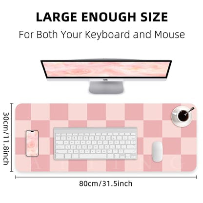 AFIING Pink Checkered Desk Mat, 31.5" x 12"，Waterproof PU Leather Desk pad | Non-Slip Rubber Base, Easy Clean Surface, Desk Protection, Office & Home - color: Pink