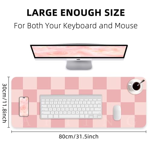 AFIING Pink Checkered Desk Mat, 31.5" x 12"，Waterproof PU Leather Desk pad | Non-Slip Rubber Base, Easy Clean Surface, Desk Protection, Office & Home - color: Pink