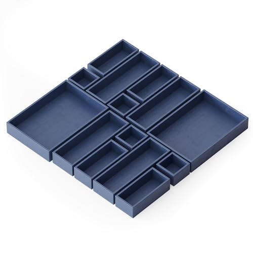 SpaceAid 14-Piece Bamboo Drawer Organizer Storage Boxes Set, Wood Tray Junk Drawer Organizers Multi-Use Divider Bins for Kitchen, Bathroom, Office Desk and Makeup Organization (14 Pack, Navy Blue) - color: Navy Blue
