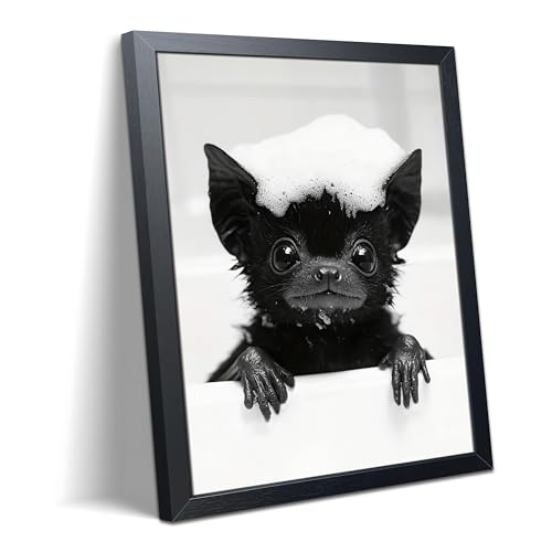 Funny Bat Bathroom Wall Art, Black and White Cute Animal Canvas Print Poster, Gothic Farmhouse Bat Wall Decor Painting, Humorous Halloween Restroom Picture Home Decoration 8x10 Inch Framed - color: Bats Taking a Bath, size: 10"L x 8"W