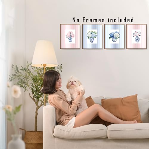 FITIE Pink Chinoiserie Peony Blue Striped Wall Art Posters Set of 4, Grandmillennial Home Decor, Vintage Aesthetic Flower Canvas Prints Artwork Wall Decor, 8x10 Unframed - color: Home Wall Art 08