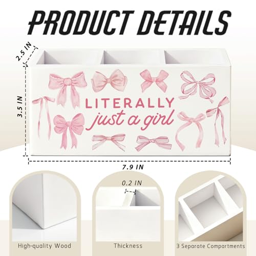 Pink Coquette Bow Pen Pencil Holder for Desk, Preppy Desk Decor, Preppy Aesthetic Literally Just a Girl Wooden Box Sign Decorations for Girls Bedroom Room Dorm Tabletop - color: 02-I'm Literally Just a Girl(white-Pink)