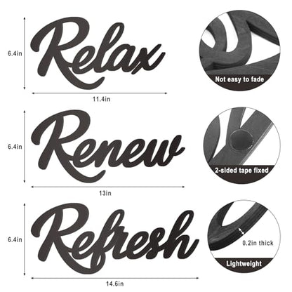 3 Pieces Bathroom Decor Wooden Bathroom Sign,Relax Renew Refresh Sign (Black-large) - color: Black-large