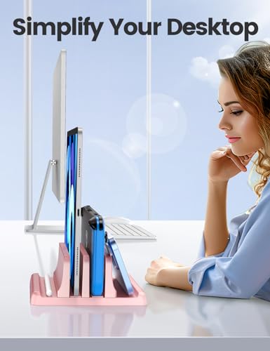 Vaydeer Vertical Laptop Stand for Desk, Dual Slots Plastic Laptop Holder with Space Saving 4-in-1 Design, Adjustable Laptop Stand Supports MacBook, Chromebook, Surface, Dell (Pink) - color: Pink