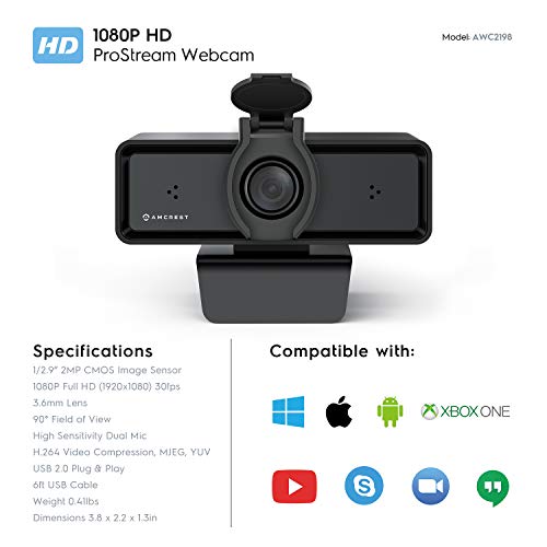 Amcrest 1080P Webcam with Microphone & Privacy Cover, 2 Noise-Cancelling Mics, USB Webcams for Desktop/Laptop PC Computer, Web Cam for Calls, Conference, Zoom, Skype, Online Classes, Meetings AWC2198