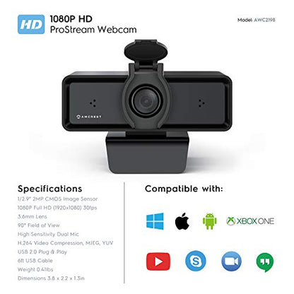 Amcrest 1080P Webcam with Microphone & Privacy Cover, 2 Noise-Cancelling Mics, USB Webcams for Desktop/Laptop PC Computer, Web Cam for Calls, Conference, Zoom, Skype, Online Classes, Meetings AWC2198