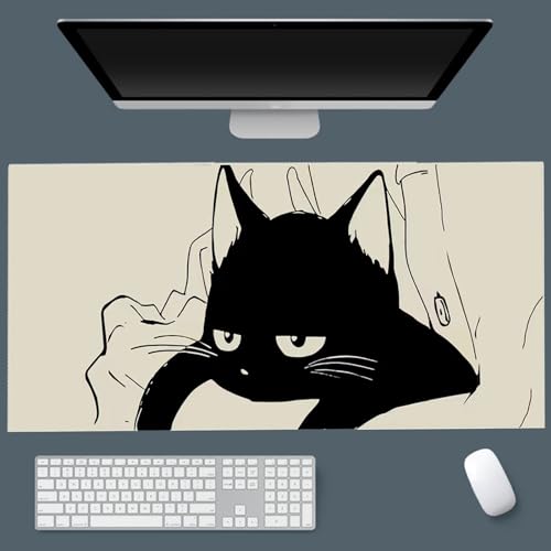 Gaming Mouse Pad XXL Extended Anime Mouse Pad 31.5x15.7inch, Large Cute Kawaii Big Computer Mouse Mat Desk Pad with Non-Slip Rubber Base and Stitched Edge for Home Office-Black Cat - color: Black Sleeping Cat, size: 31.5L x 15.7W inches