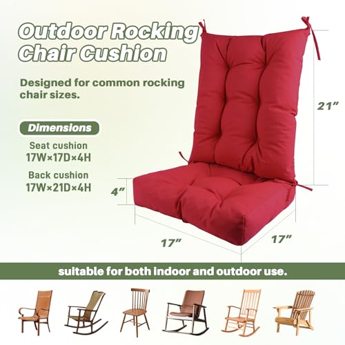 Rocking Chair Cushion Set Waterproof Weather Resistant Tufted with Ties, Non-Slip High Back Chair Pads for Garden Patio Wooden Rockers - color: Outdoor Red