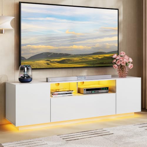 WLIVE LED TV Stand for 55/60/65 Inch TVs, Modern Entertainment Center with Storage Cabinets and Drawer, Gaming Media TV Console with RGB Lights for Living Room，Bedroom, White - color: White, size: 58'' Modern TV Stand