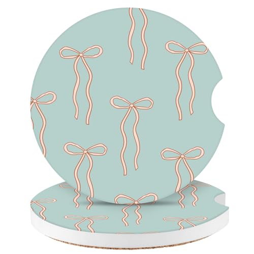 Cute Bowknot Car Coasters,Absorbent 2 Pack for Cup Holders with Finger Notch,2.56 inches Ceramics Heat Resistant Anti Slip Cork Base Car Drinks Coasters Auto Cup Holder - color: Blue Bows