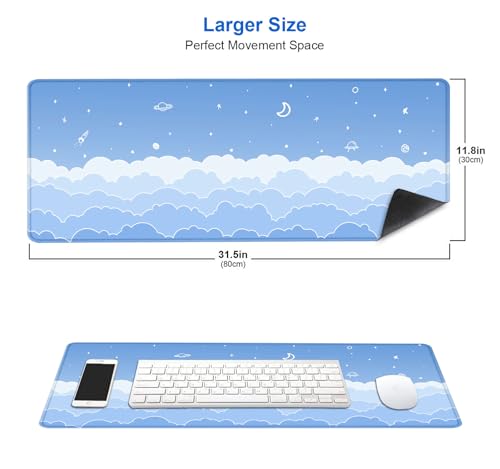 IMAYONDIA Cute Pastel Blue Desk Mat, Aesthetic Stars Moon Desk Pad, Kawaii Anime Deskmat, Gradient White Clouds Computer Pad, Minimalist Large Gaming Mouse Pad Mousepad, 31.5 X 11.8 Inch - color: Blue Gradient Clouds