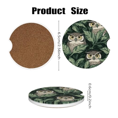 Car Cup Holder Coasters, 2 Pcs Ceramic Coasters with Finger Slot and Cork Back, Anti-Slip Shock Absorbing Women and Men Universal Car Accessories - Green Leaf Owl - color: Green Leaf Owl