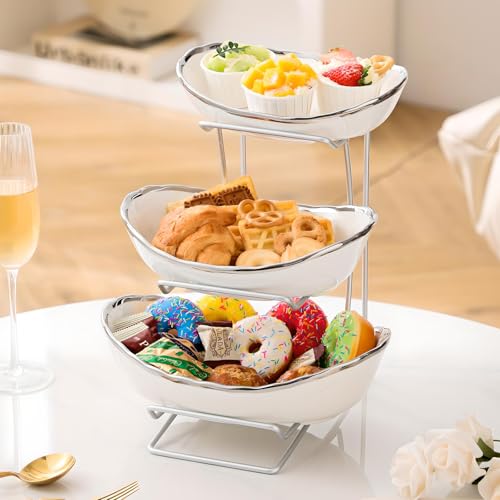 Gold Silver Fruit Bowl with Metal Stand, 3 Tier Ceramic White Fruit Bowl Fruit Rack for Kitchen Counter, Tiered Fruit Basket for Snacks Bread Candy Storage (White B (Smooth Surface)) - color: White B (Smooth Surface)